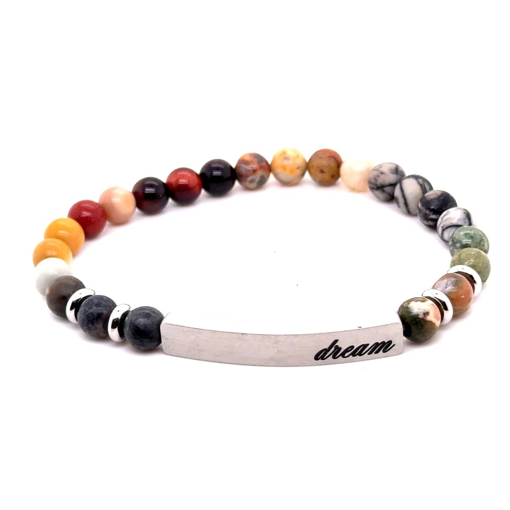 Rustic Cuff Dream Multi Color Stone Bead Stretch Bracelet Silver Tone ID Bar
